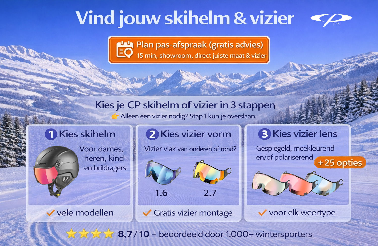 Maak een afspraak voor CP skihelm met vizier bij TopSnowShop