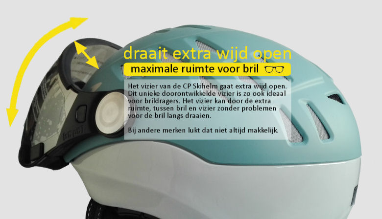 CP Skihelm vizier draait extra ruim open en is zo de beste skihelm voor brildragers