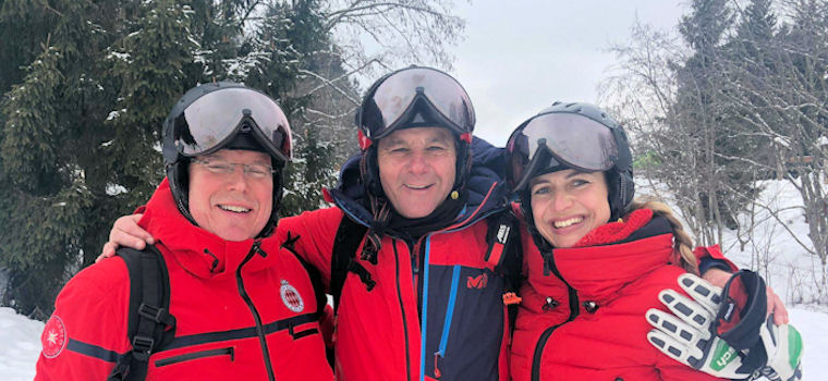 Prins Albert von Monaco und Gerhard Berger mit CP Skihelm Visier