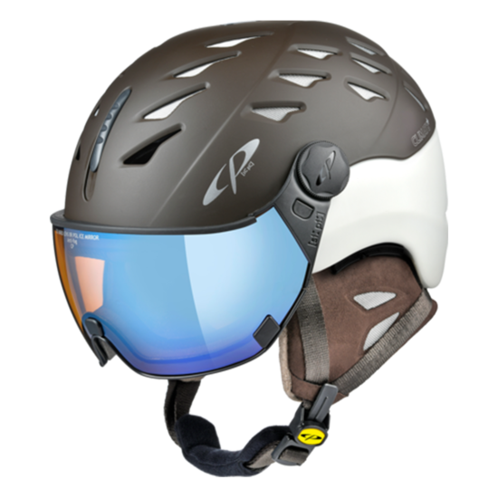 Cp Skihelm met Vizier Bruin Wit - CP Cuma Cashmere - Meekleurend Polariserend Spiegel Vizier (❄/☁/☀)